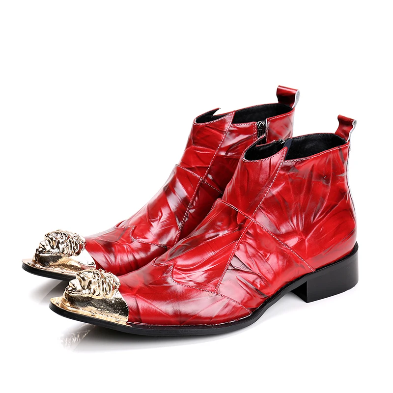 

Christia Bella New Fashion Metal Pointed Toe Men Red Genuine Leather Boots Plus Size Man Wedding Ankle Boots Party Short Boots