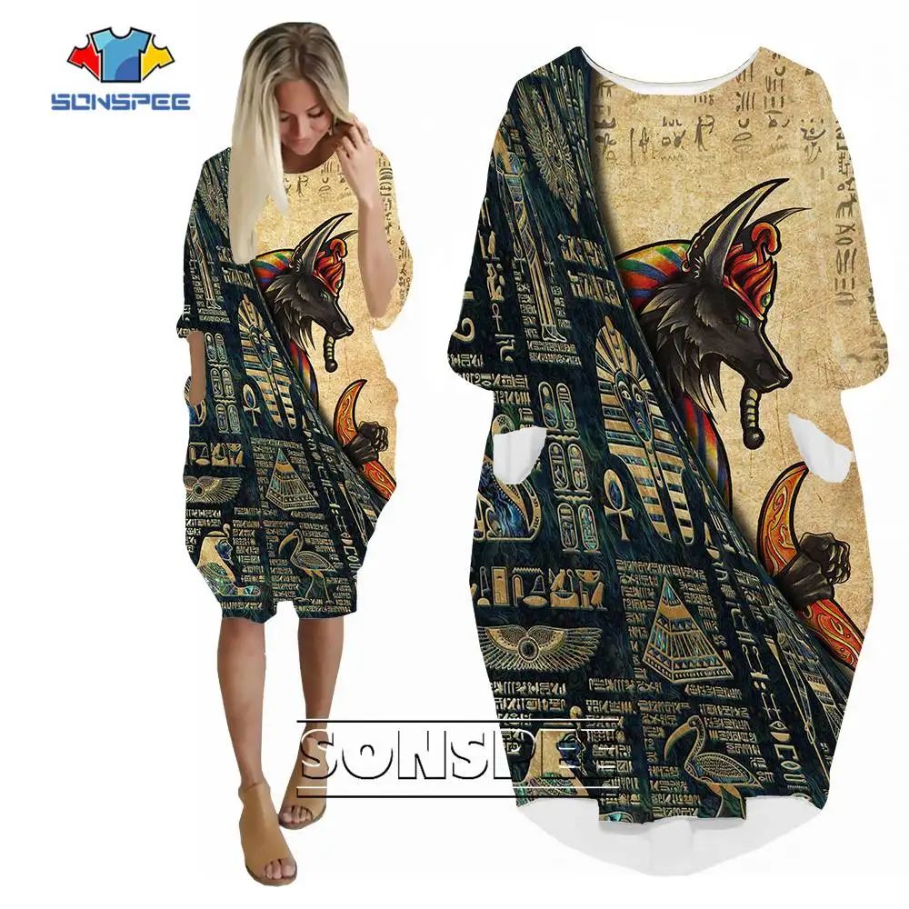 

SONSPEE Ancient Egypt Camouflage 3D Printed Dress Long Sleeve The Eye of Horus Pockets Skirt Women Casual Robe Dresses