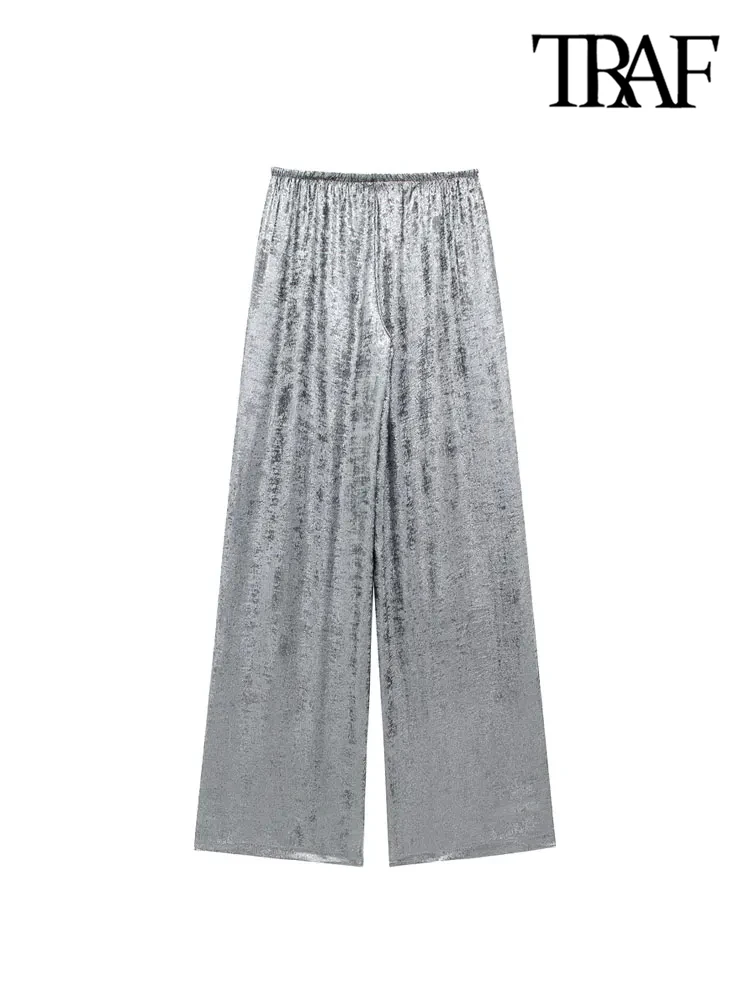 Брюки женские прямые металлические с высокой эластичной талией и кулиской