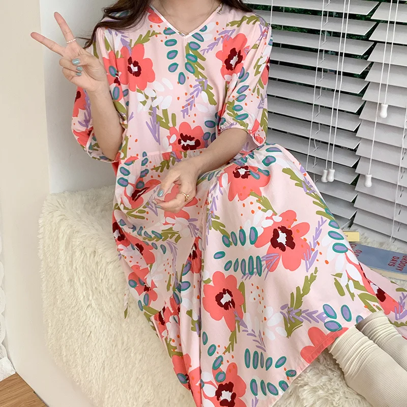 Night Dress Women Nightdress Summer Light Cotton Silk Pajamas Home Clothes Fat MM Loose Can Outside Nightdress Girl 100KG