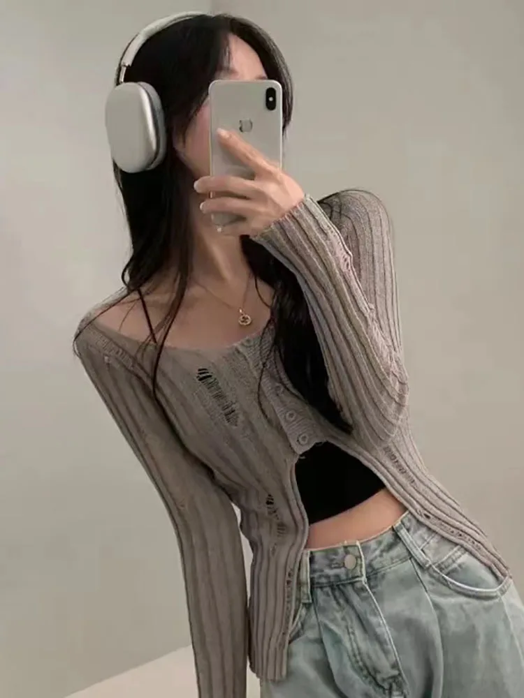 Женский трикотажный кардиган с дырками прозрачный тонкий свитер длинным рукавом