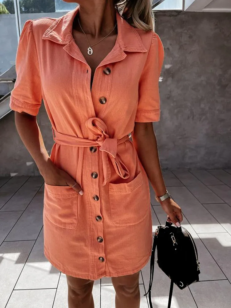 

Summer Cotton Linen Single-Breasted Belted Dress Elegant Solid Short Sleeve Turn-down Collar Dress New Fashion Office Mini Dress