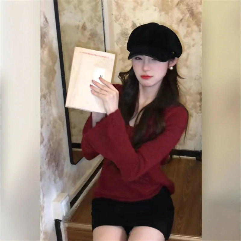 Korean Series Christmas Red V-neck Flower Sweater Women Autumn and Winter Inner wear Top Unique Chic Slim fit Bell Sleeve Knit