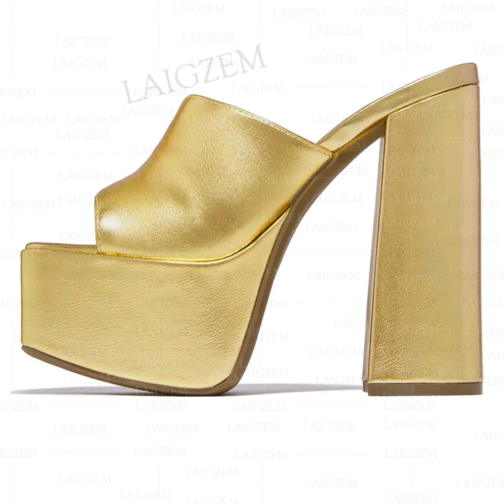 

SEIIHEM Women Platform Pumps Open Toe Block High Heeled Metallic Color Mules Height Increase Shoes Woman Big Size 38 41 43 46 47