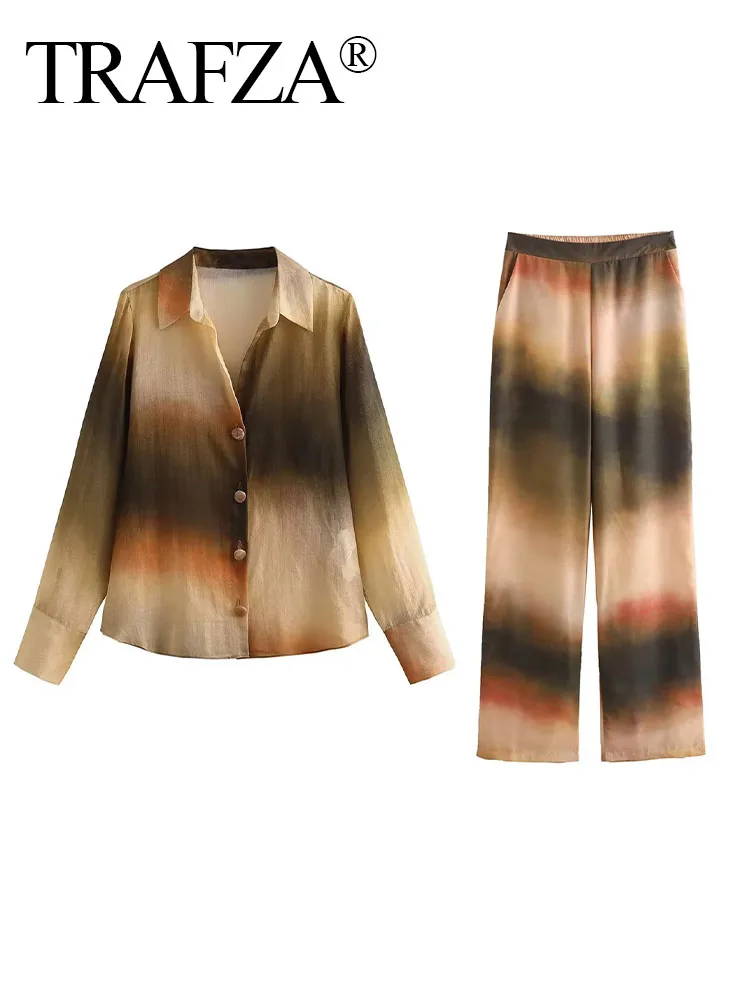 

TRAF ZA Summer Female Fashion Tie-Dye Pants Set Long Sleeve Button Up Shirts+Casual Woman Zipper Gradient Loose Trousers Suit