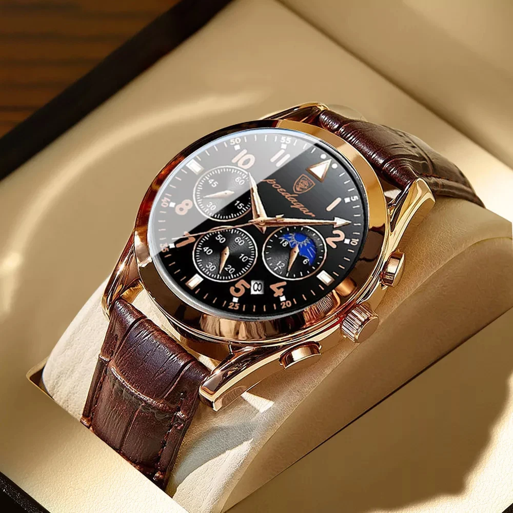 

POEDAGAR Men Watch Fashion Chronograph Leather Quartz Watches Sport Six Needle Luxury Men's Wristwatch Waterproof Luminous Date