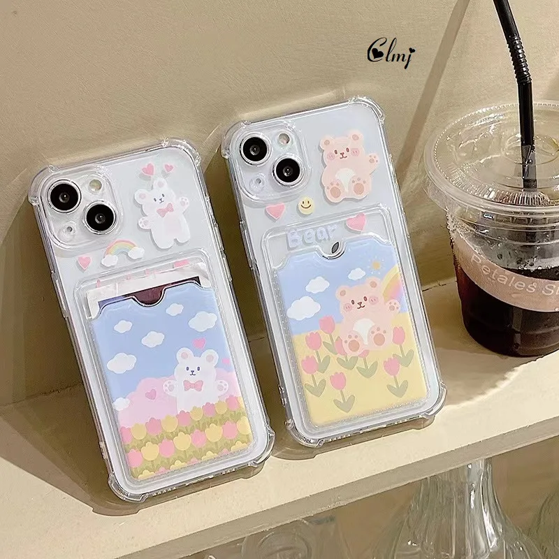 

Clmj Card Holder Cute Bear Rabbit Phone Case For iPhone 11 12 Mini 13 14 Pro Max X XR XS Silicone Protective Cover Can Put Photo