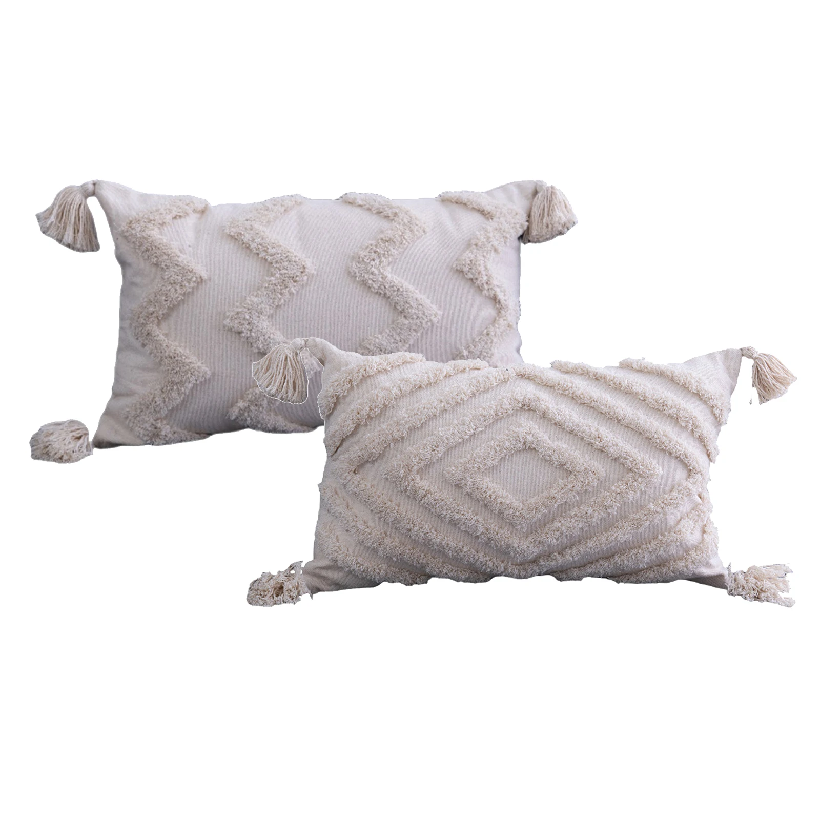 

2x Throw Pillow Covers Fringe Woven Tufted Pillowcases for Couch Sofa Decor