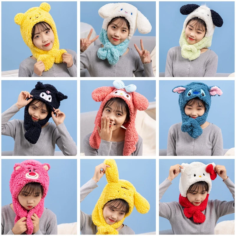

Sanrioes Anime Kuromi Melody Cinnamorol Pochacco Plush Autumn and Winter Cute Childrens Girl Cartoon Scarf Hat Boys Knitted Hat