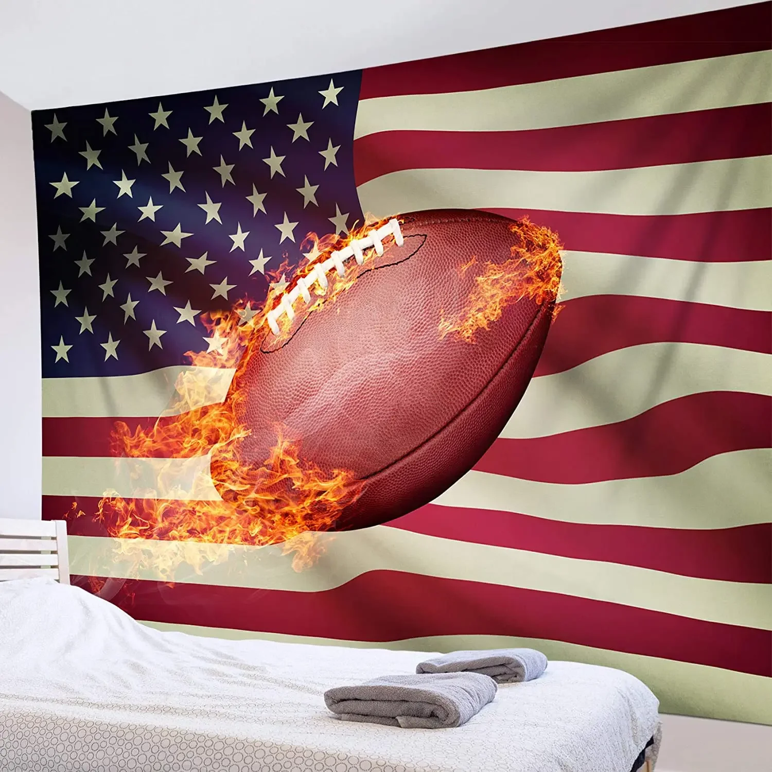 Американский флаг футбол настенный спортивный гобелен с пылающим футболом фон