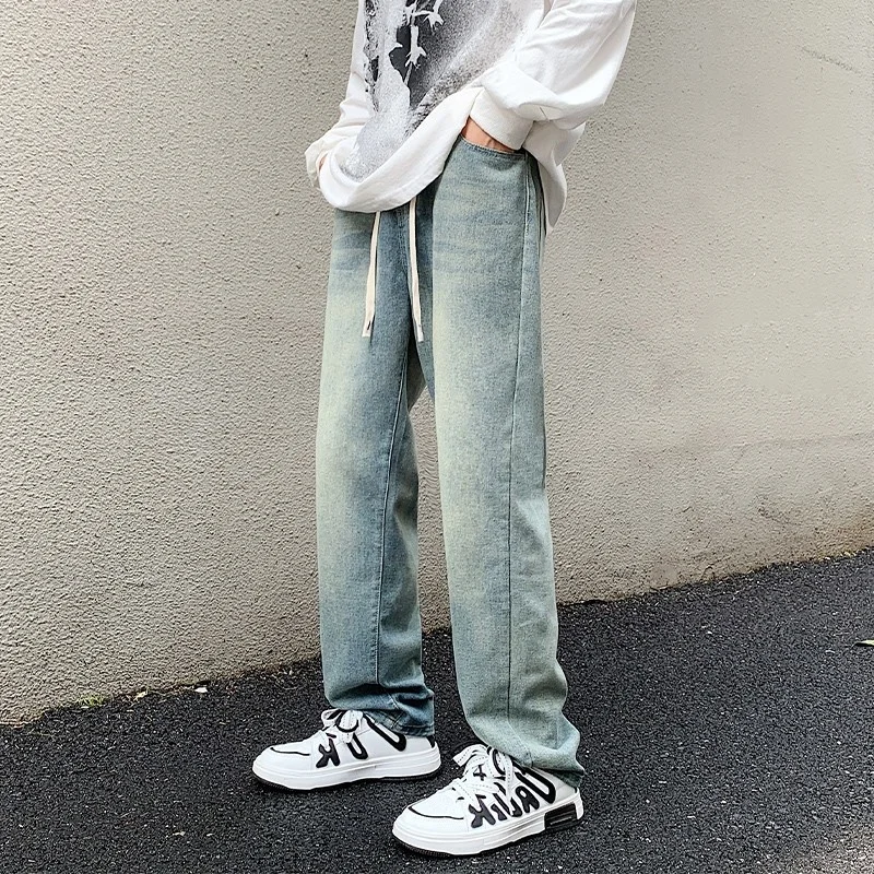 Blue Baggy Jeans Men Fashion Retro Drawstring Straight Jeans Men Japanese Streetwear Hip Hop Loose Denim Pants Mens Trousers