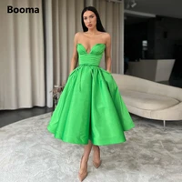 booma sexy green satin midi prom dresses sweetheart tea length a line prom gowns with pockets formal evening party dresses