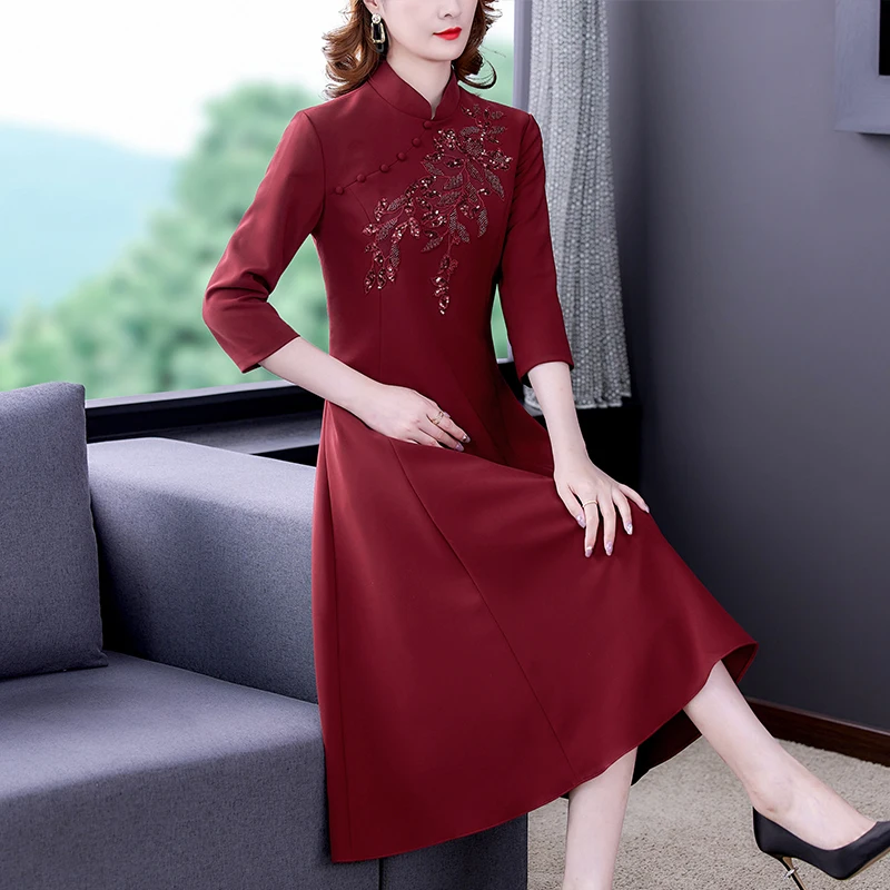 

Women Red Fashion Embroidery Midi Dress Autumn Winter Korean Vintage Casual Party Dress 2023 Elegant Bodycon Office Lady Dresses