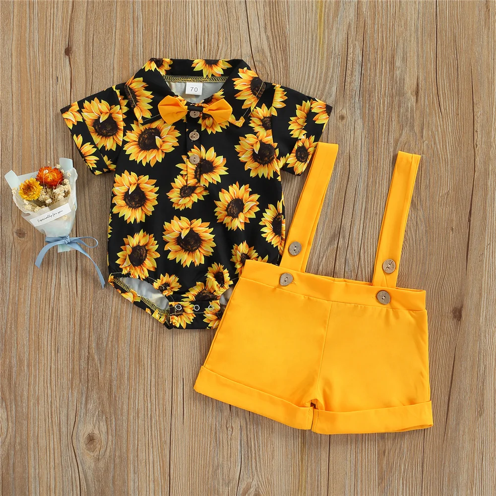

Summer Baby Boy Shirt Clothes Sets Toddlers Kids Sunflower Print Bow Button Short Sleeve Bodysuit Rompers + Suspender Shorts