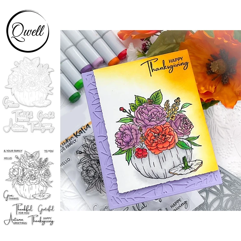 

QWELL Fall Floral Pumpkin Metal Cutting Dies and Clear Stamps Autumn Greetings DIY Scrapbooking Paper Cards Craft 2022 New