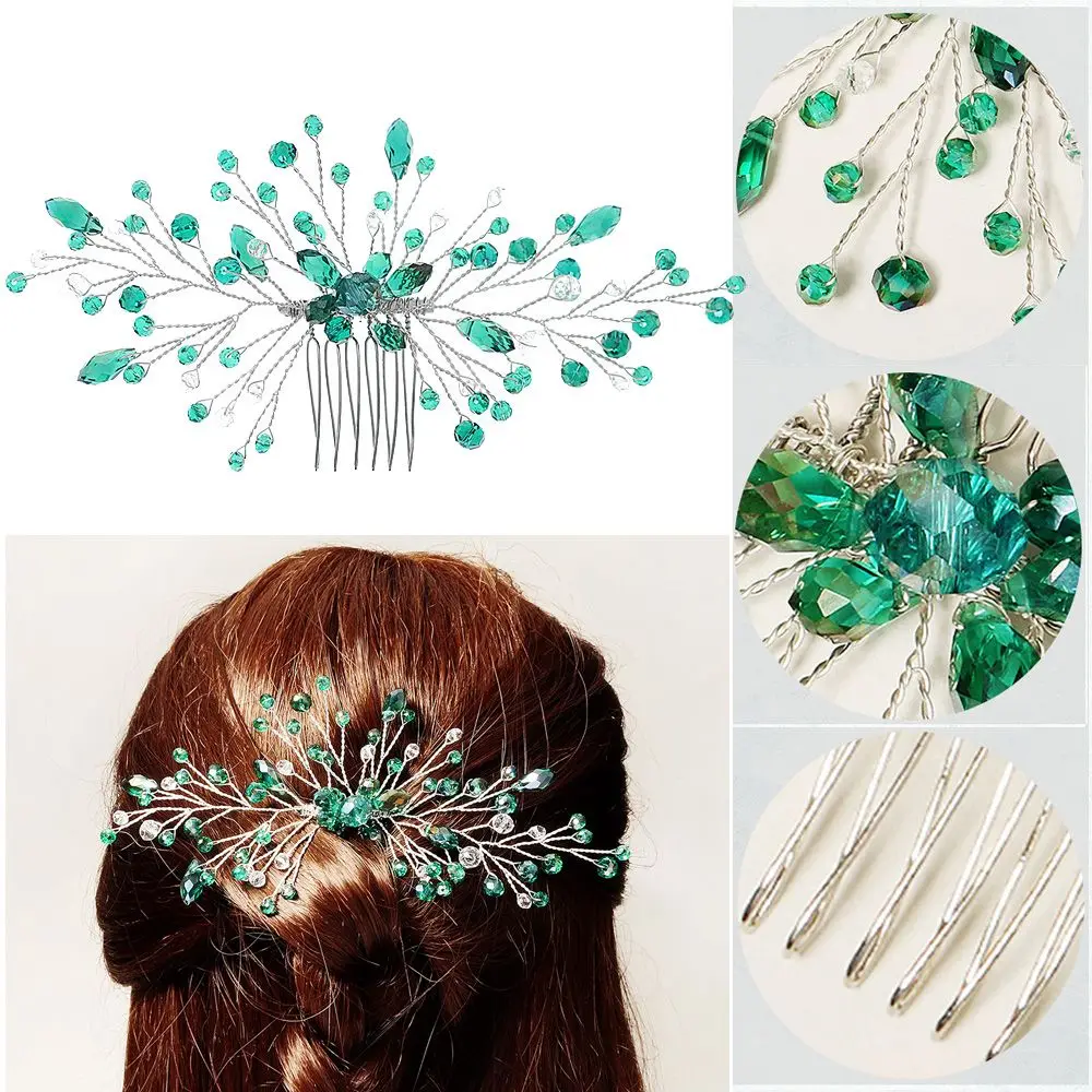 

Fashion Wedding Bridesmaid Crystal Tiara Leaves Headpiece Bridal Clips Hair Pin Green Crystal Leaf Hair Combs