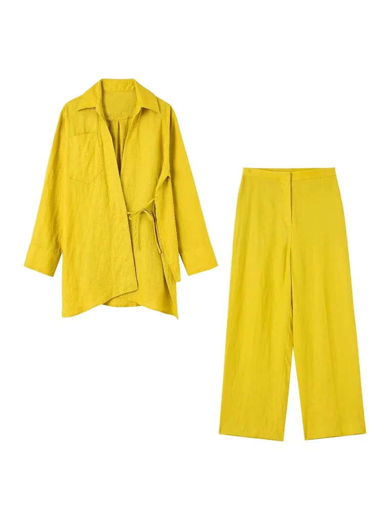 

Fashion Women Yellow Loose Fit Linen Cropped Shirt Jacket 2022 New Stylish Long Sleeve High Waist Straight Loose Trousers