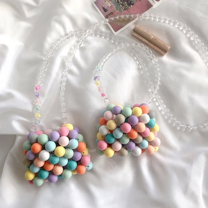 

Cute Candy Color Bead Woven Tote Bags for Kids Girls Coin Pouch Fashion Accessories Bag Women Mini Crossbody Bags