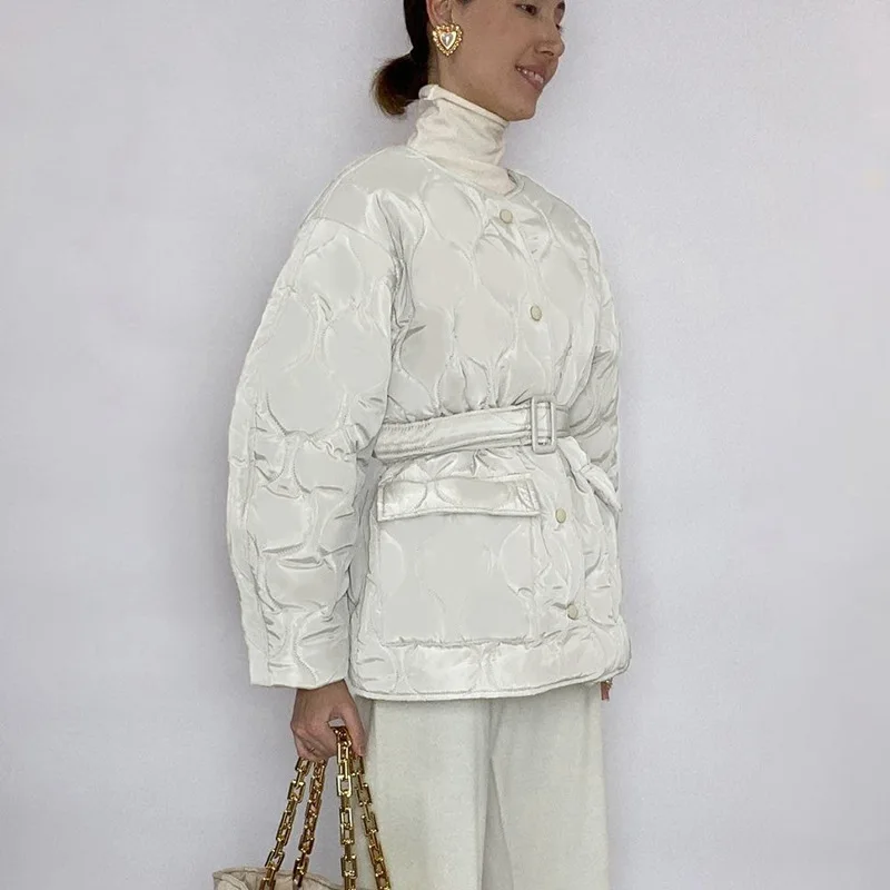 Jocoo Jolee Winter Jacket With Belt Casual 2022 New Year Solid Color Pockets Padded Coats Chic Overcoat Female Parkas Streetwear