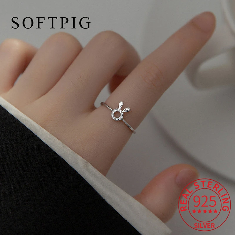 

SOFTPIG Real 925 Sterling Silver Zircon Rabbit Adjustable Ring For Charming Women Cute Fine Jewelry Minimalist Animal Bijoux