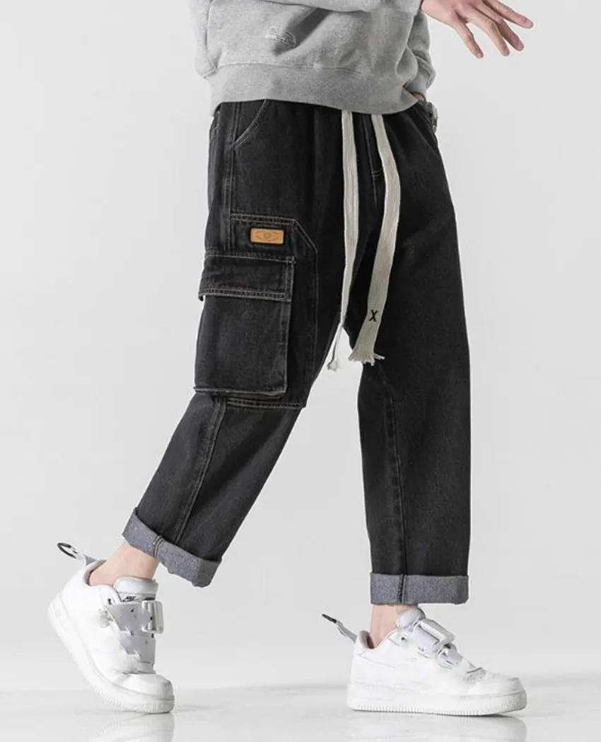 Men's loose Jeans Workwear Multi-pockets Cargo Straight  Vintage Denim Drawstring Pants Japan Korea Casual Biker Long Trousers