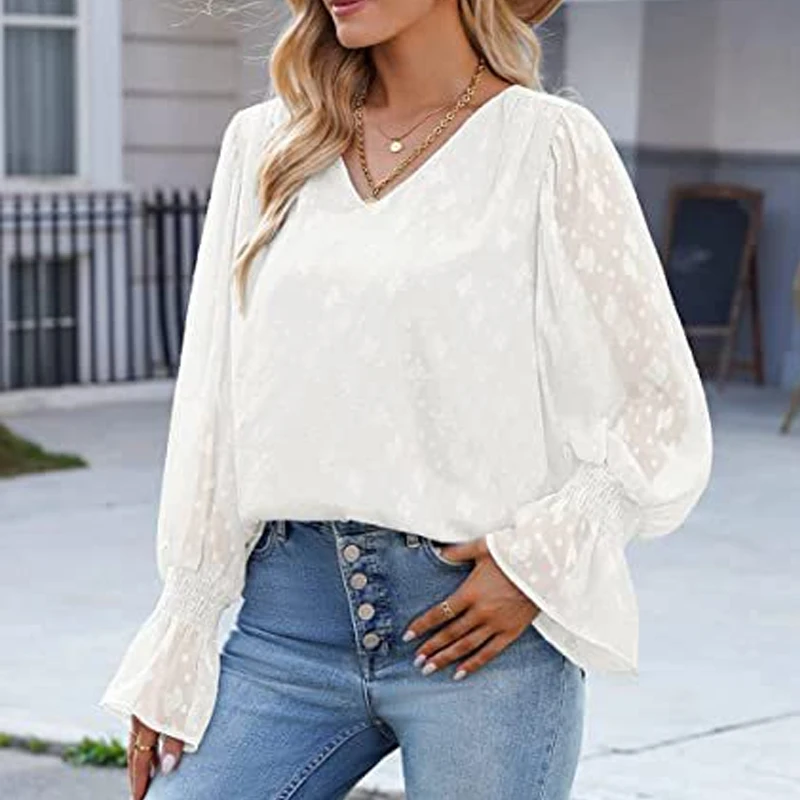 

Женская шифоновая блузка с длинным рукавом и V-образным вырезом