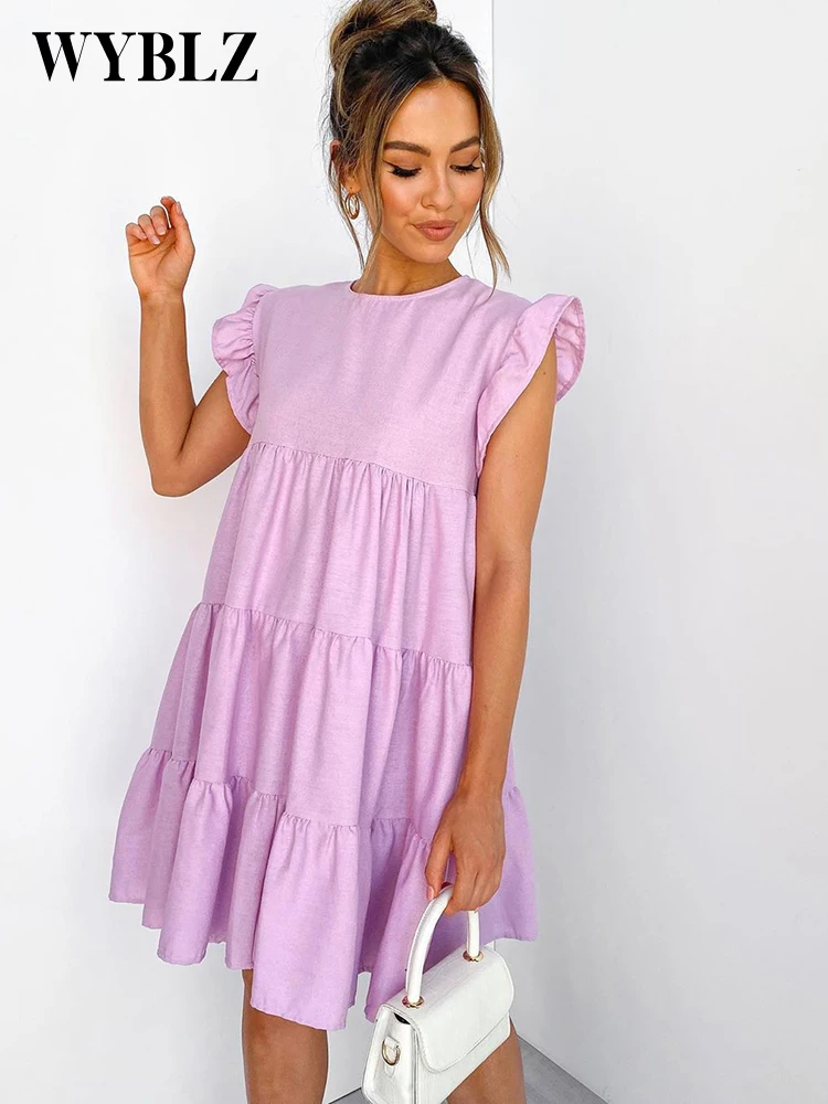 

WYBLZ Summer Women Elegant Solid Color A-Line Dress Fold Design Rufles Decor O-Neck Ruffles Short Sleeve Casual Loose Mini Dress