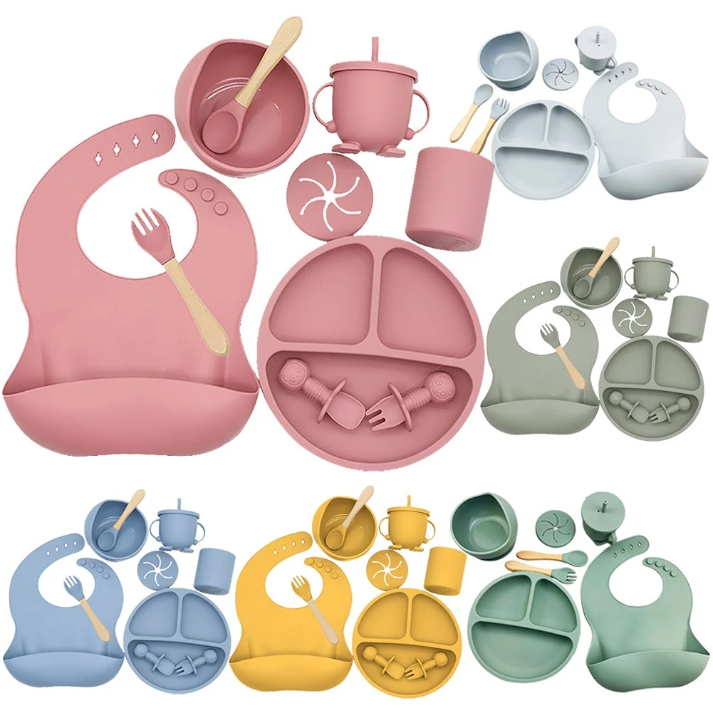 Baby Feeding Dishes Plate Sucker Bowl Bibs Spoon Fork Set Ch