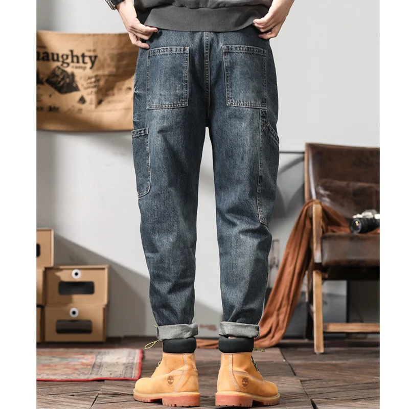Men Clothing New Pattern Recreational Vintage Nostalgia Bluish Grey Jeans Straight Cylinder Loose Street Trousers Autumn Female