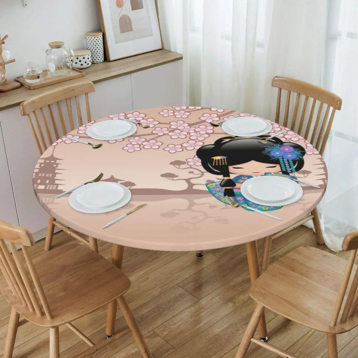 

Round Japanese Keiko Kokeshi Doll Print Table Cloth Oilproof Tablecloth 40"-44" Table Cover Backed with Elastic Edge