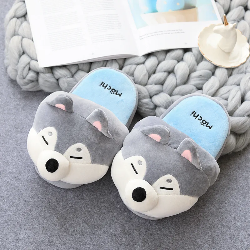 

Winter Cartoon Husky Plush Warm Cotton Slippers One Size Charmingly Naive Dog Bread Slides Leisure Toe Covered Soft Furry Shoes