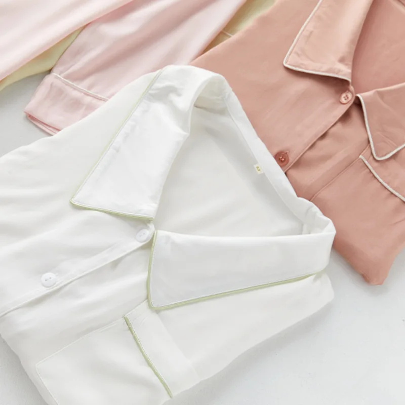 Simple Spring Summer Pajamas Tribute Satin Light Shirt Loungewear Pointed Collar Solid Color Medium-length Women Nightgown