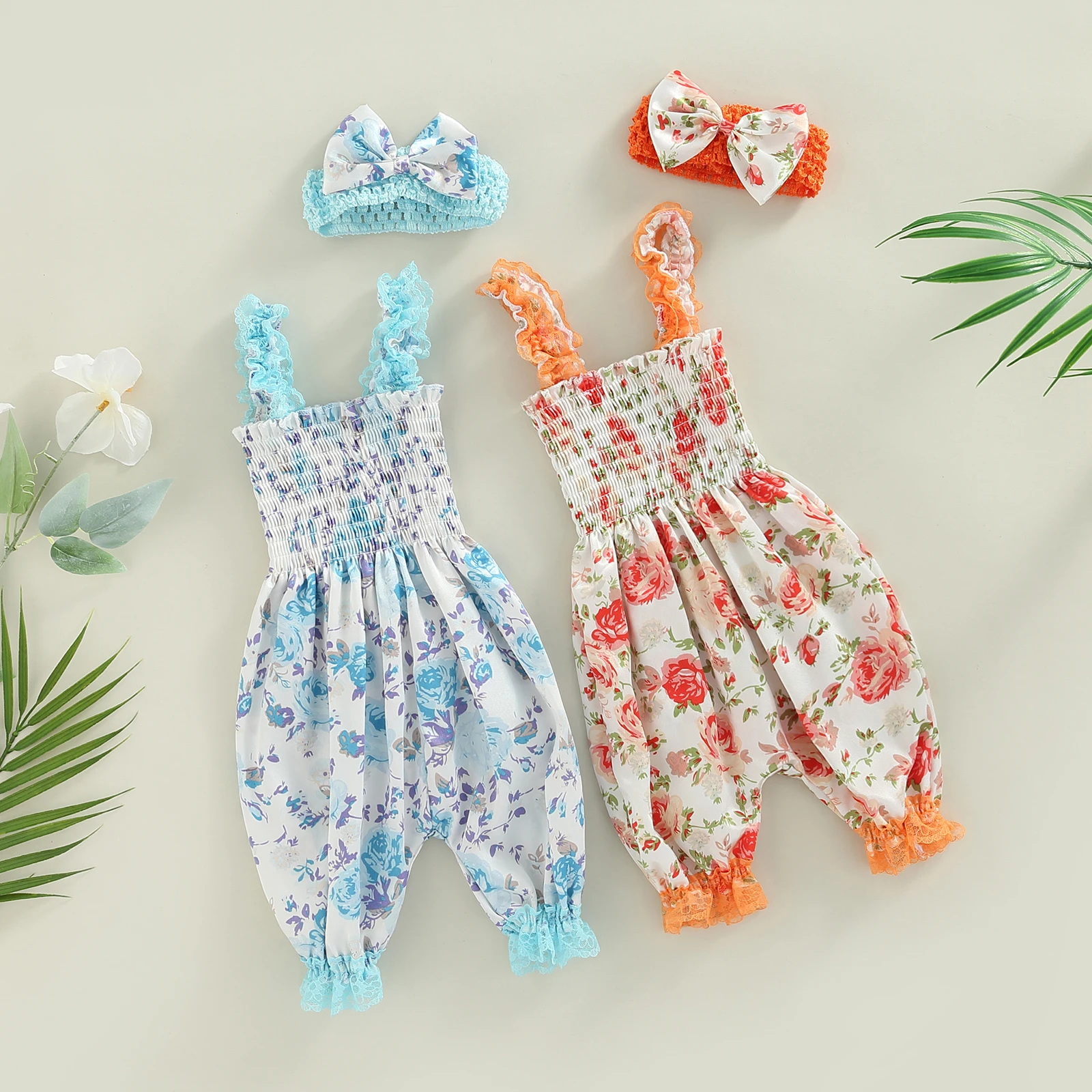 

Летний комбинезон для маленьких девочек, комбинезон с цветочным принтом на бретельках без рукавов, с завышенной талией, комбинезон + повязк...