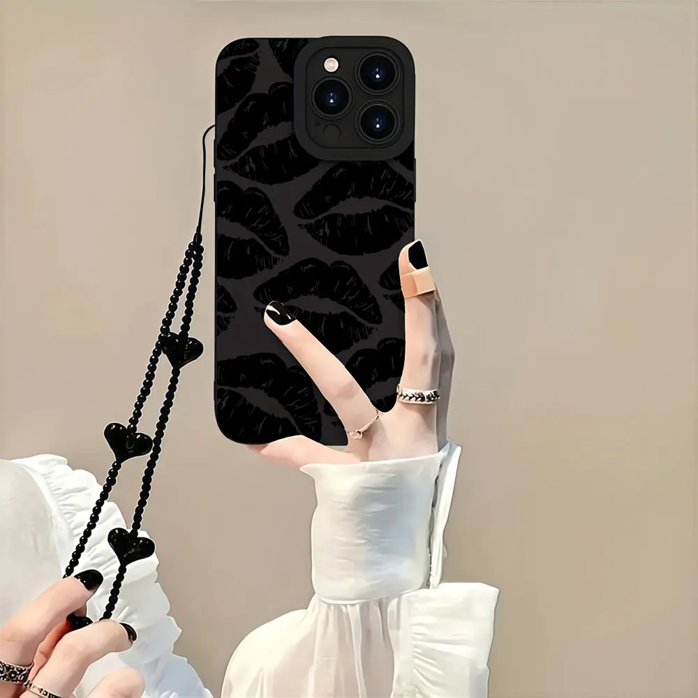 Фото Чехол для телефона с ремешком для iPhone 17 16 15 14 Pro Max 13 12 11 X XS XR 15 16 14 7 8 Plus 16E 17E, противоударный, в стиле Y2K, с черными губами, чехол-накладка №4
