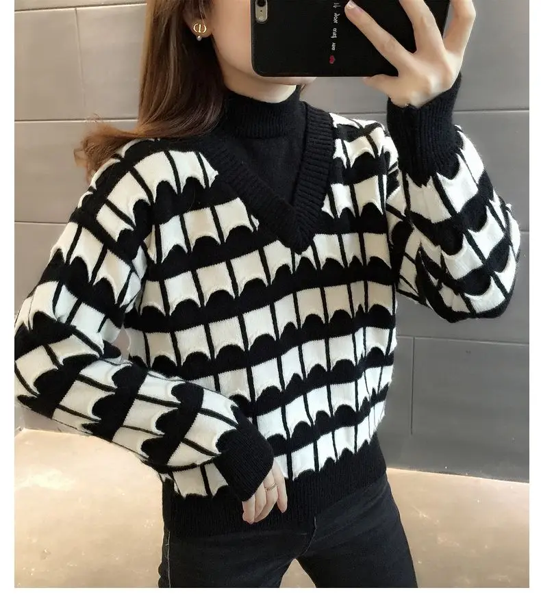 Клетчатый женский свитер с полувысоким воротником новый осенне-зимний свободный