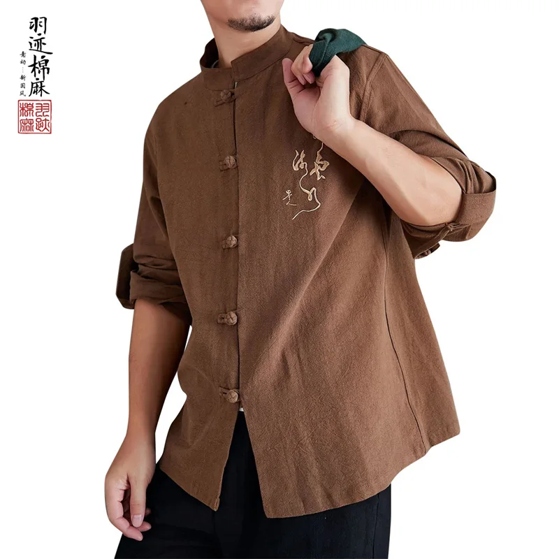 Tang Suit Men Embroidered Small Cloth Button Chinese Style Men Cotton Linen Top Men's Loose Tunic Shirt Mens Clothing