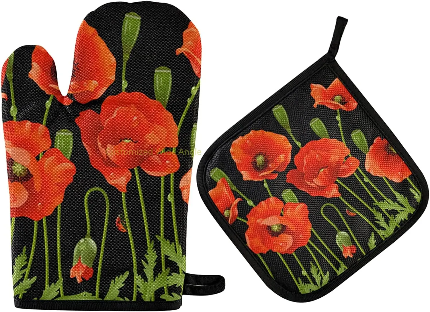 

Poppy Flower Oven Mitts and Pot Holders Insulated Gloves & Kitchen Counter Safe Mats for Cooking BBQ Baking Grilling