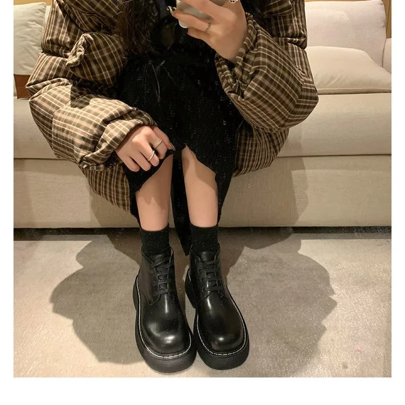 

Black Platform Boots Women Boots PU Leather Boots Lace Up Short Ankle Boots Motorcycle Thick Heel Punk Autumn Shoes Female E331