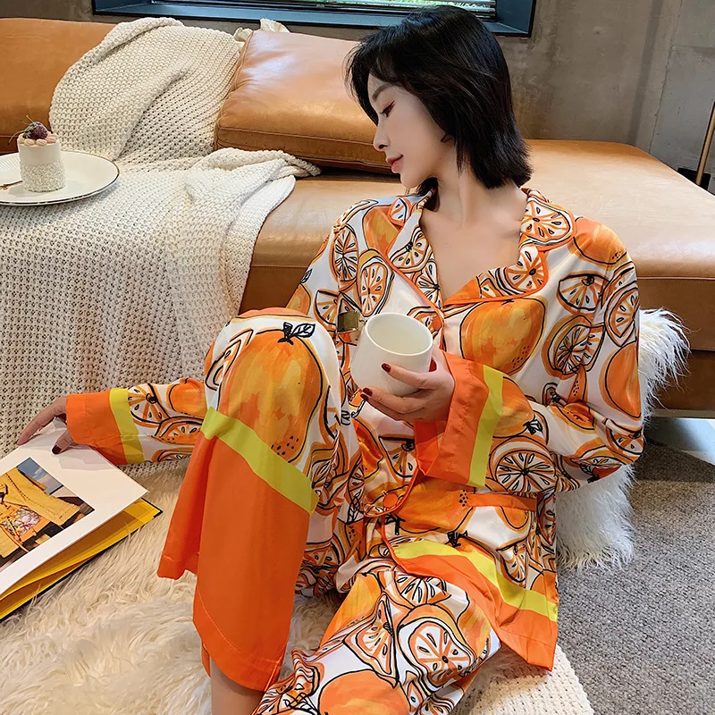 Chic Lemon Print Homewear Clothing Set For Women Spring Autumn Long Sleeve Pajamas Set Lady Sleepwear Nightwear Set