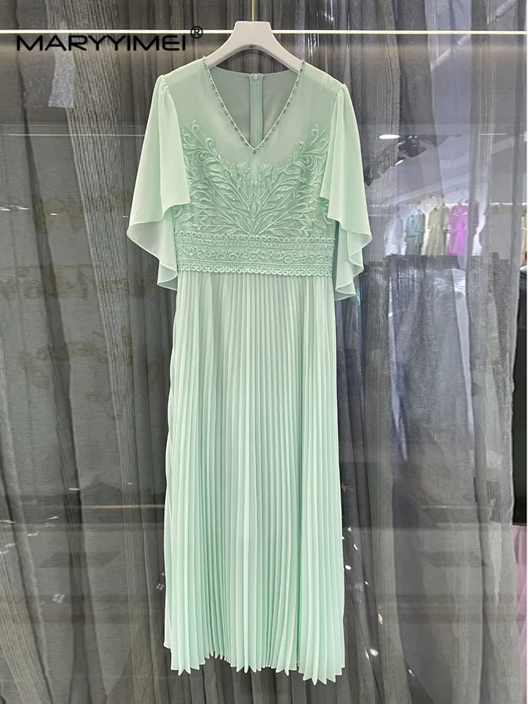 

MARYYIMEI Light Green Flying Sleeve V-Neck Nail Bead dress Spring Summer Embroidery Sequins Pleated Holiday Long Dresses