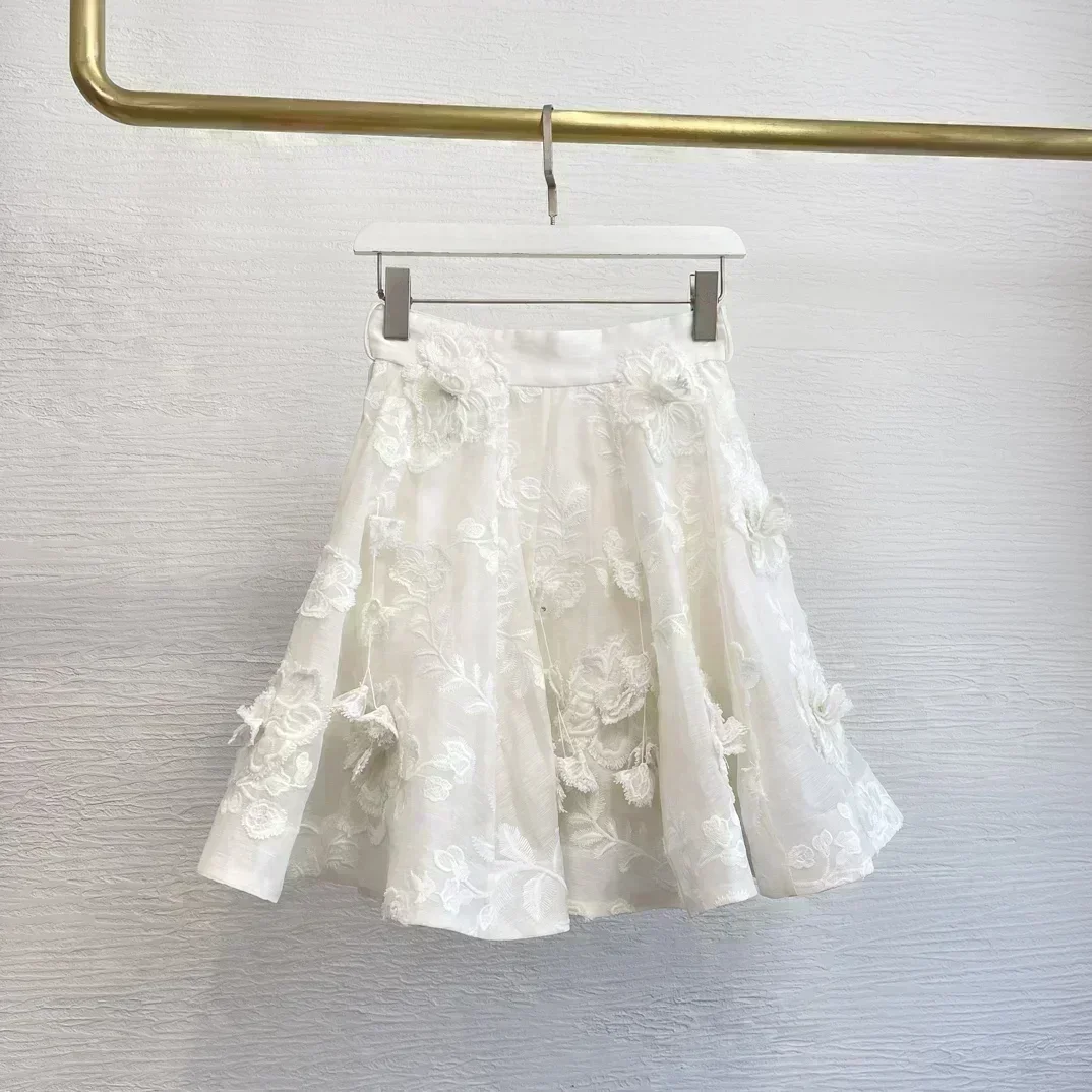 High Quality Blend Delicate Floral Embroidery Scalloped Hemline Long Sleeves Blouse and Wide Waistband Skirt Women Set