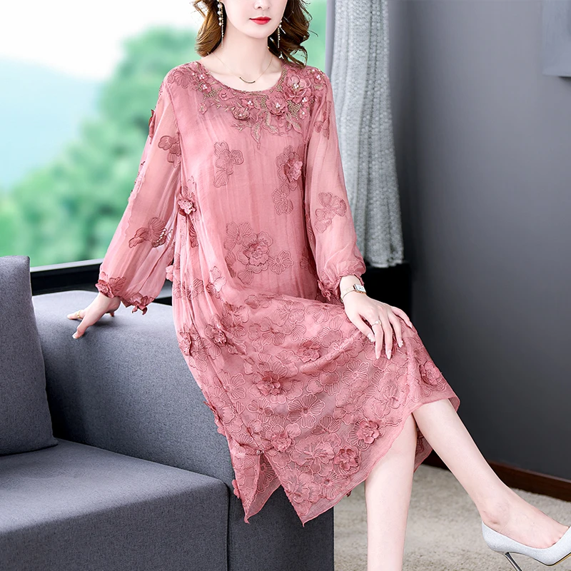 

2022Fall Embroidered Natural Silk Beach Midi Dress Ladies Casual Pink Floral Sundress Elegant Skinny Party Evening DressVestidos