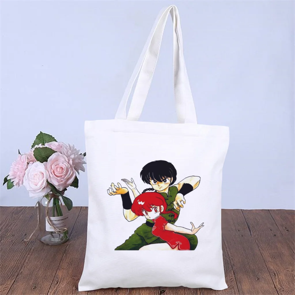 

TeamHandbag Ranma12 Amine Shoulder Canvas Bags Unisex Storage Pocket Double Print Shopper HandBags Capacity Pouch Tote Bag