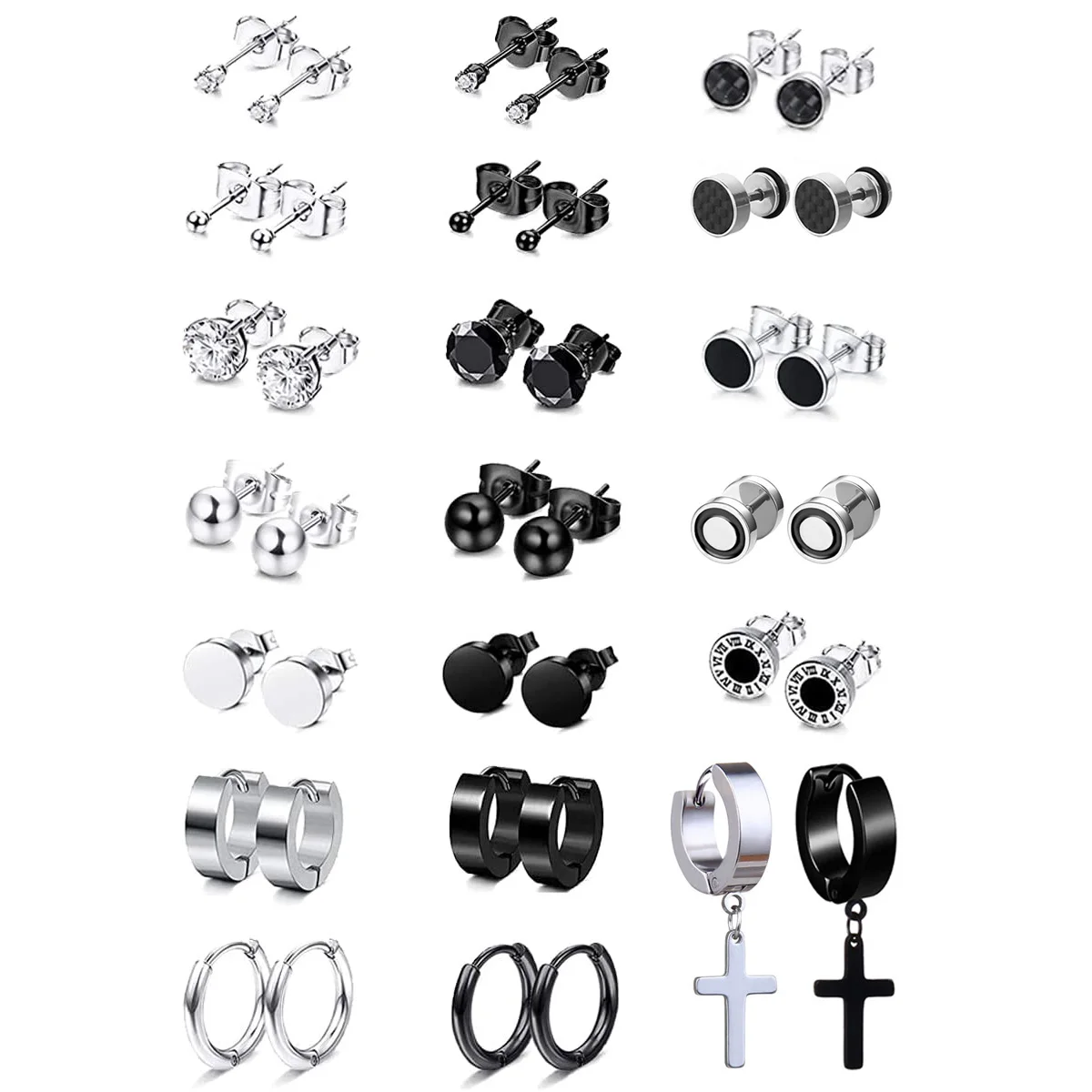 

20 Pairs Black Stud Earrings for Men Women Stainless Steel Small CZ Stud Earrings Piercing Huggie Hoop Earrings Set Jewelry