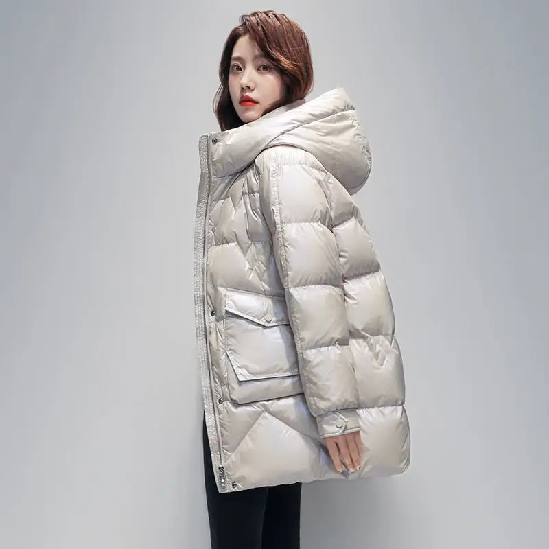 2022 New Korea Fashion Winter Jacket Women Parka Fashion Long Coat Hooded Glossy Parkas Loose Warm Snow Wear Padded Clothes