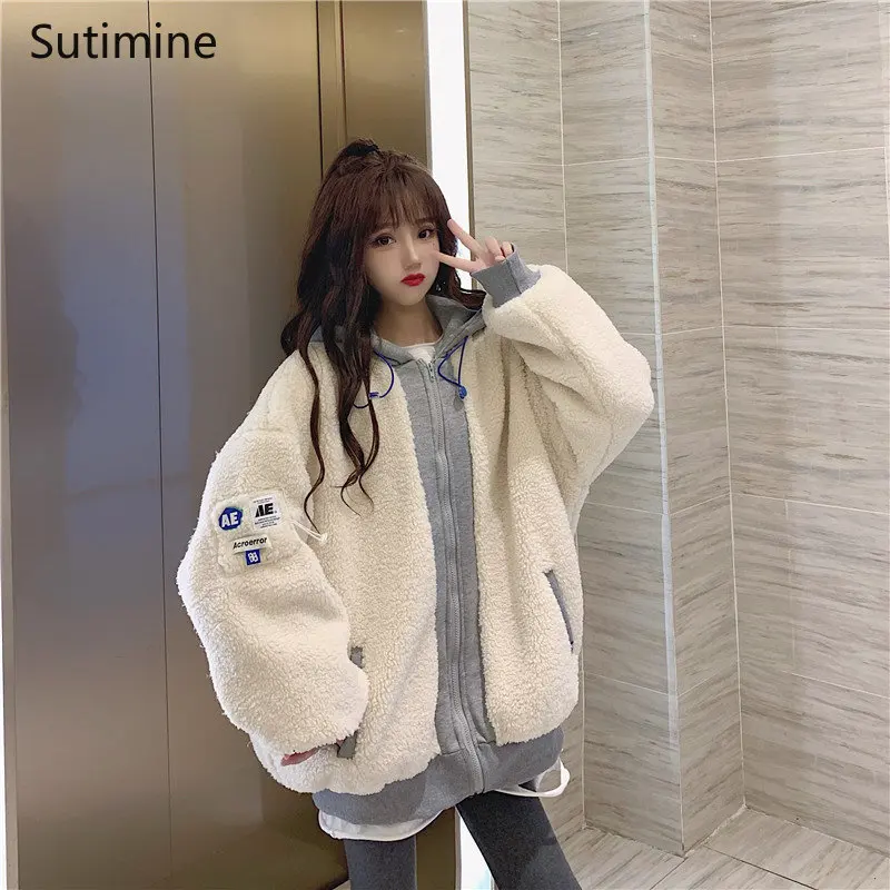 Winter Coat Office Lady Pockets Lamb Wool Splicing Cotton Coat Women Cashmere Cotton Coat Zipper Hooded Winter Clothes Women