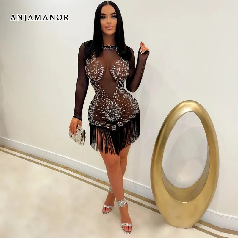 

ANJAMANOR Sparkle Crystal Mesh Sheer Sexy Dresses for Woman Clubwear Borthday Party Beautiful Evening Short Gowns D57-EZ30