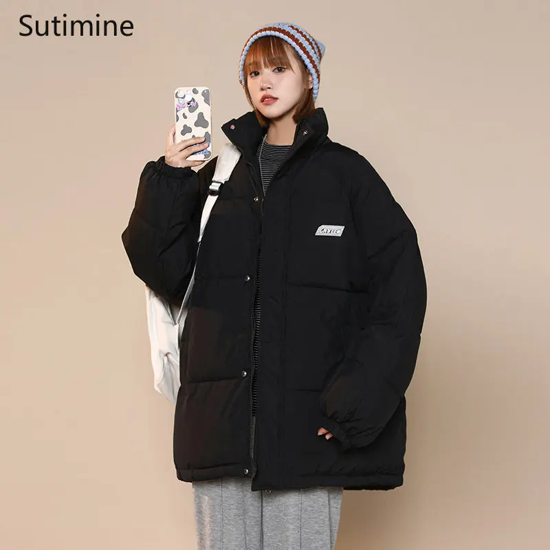 Winter Coat for Women Office Lady Black Solid Winter Loose Thickened Stand Collar Cotton Padded Jacket Zipper Winter Coat Women