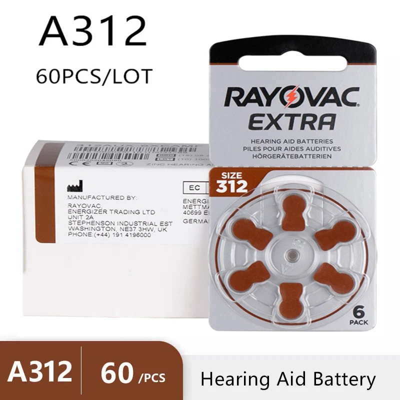 Rayovac-Mini audífonos con batería de 60 piezas, batería portátil de aire de Zinc, Extra 312, 312A, A312, PR4, para aparato auditivo
