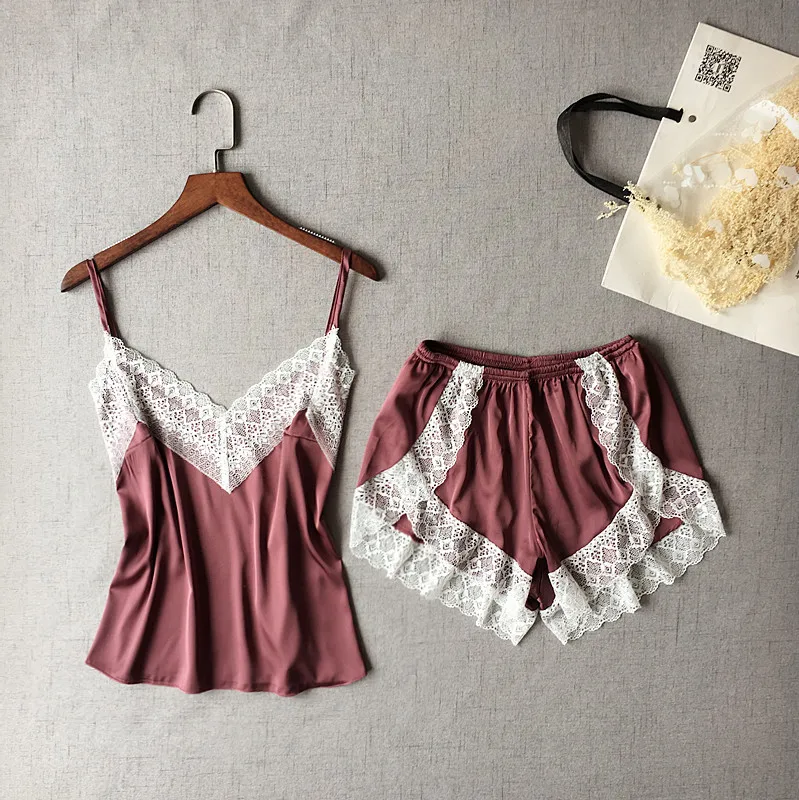 Women's Sleepwear 2 Pcs Sets Tops+Shorts Sexy White Lace Crossed Satin Sleeveless V-neck Pyjama Sets